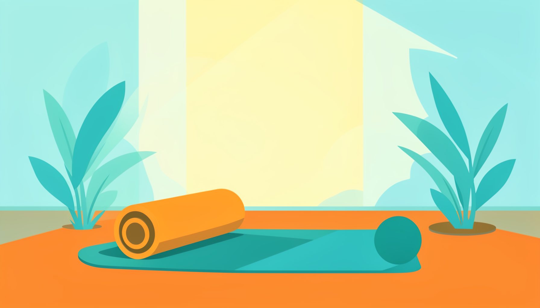 A flat vector illustration of a serene yoga space with soft teal and sky-blue accents, featuring rolled mats and gentle plants