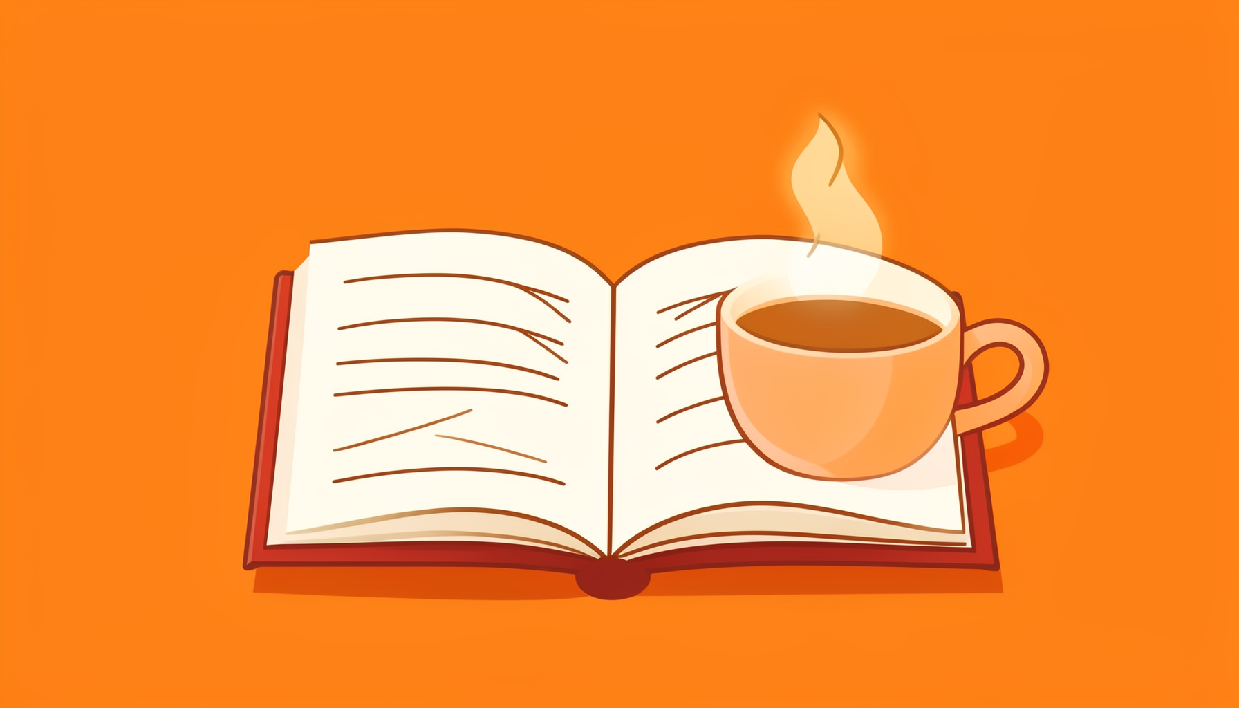 A flat vector illustration of an open journal with handwritten-style lines, a steaming cup, and soft golden-amber light