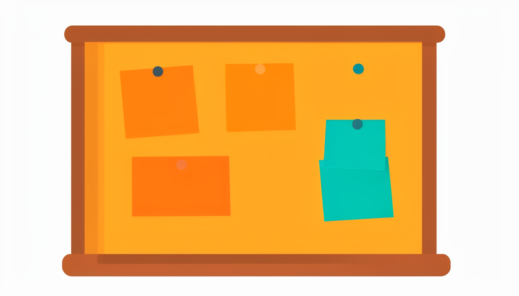 A flat vector illustration of a notice board with pinned cards in warm orange and teal, conveying announcements and community connection