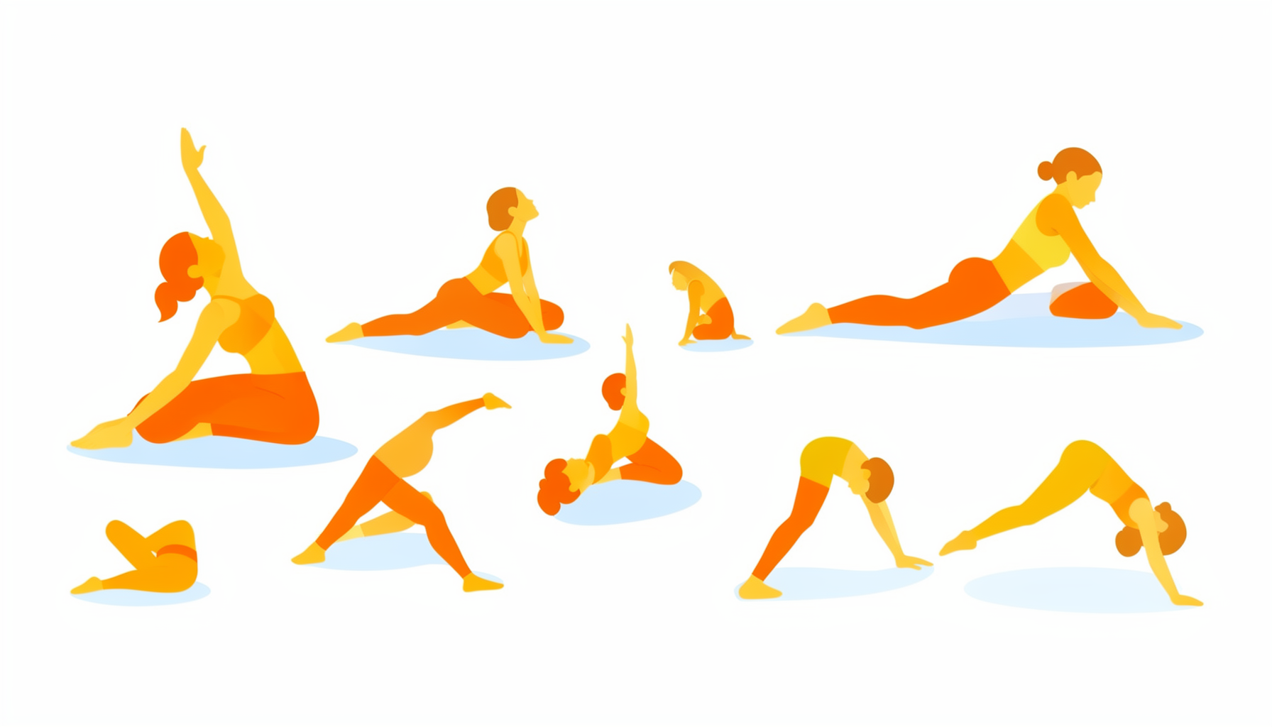 A flat vector illustration of yoga poses in a flowing sequence, rendered in warm orange and gold tones against a clean white background