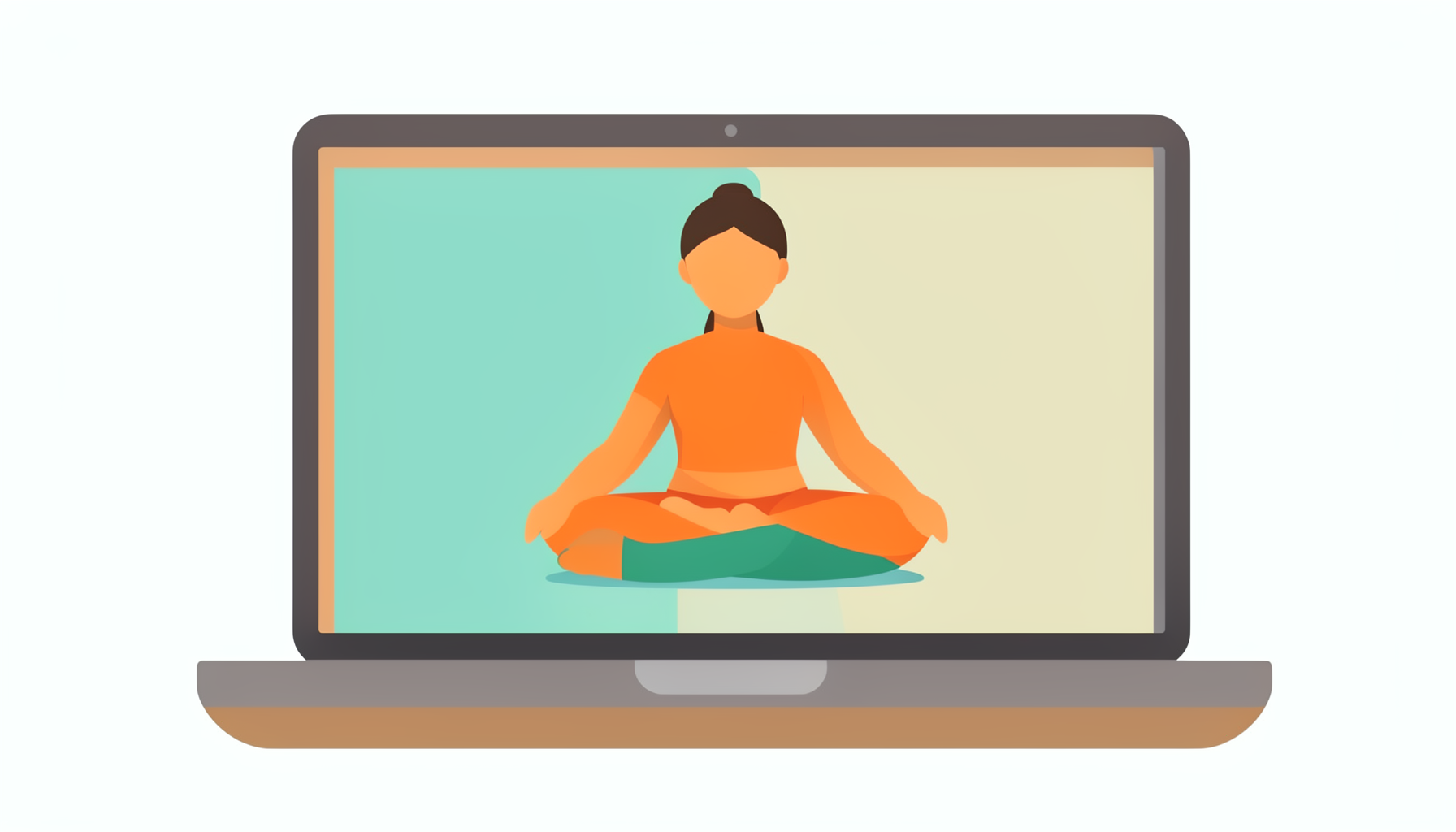 A flat vector illustration of a laptop screen showing a yoga instructor in a calm pose, with soft teal and warm beige tones, representing an online yoga session