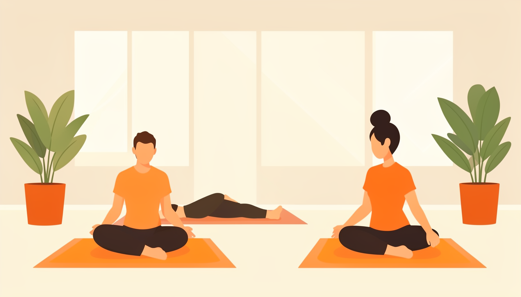 A flat vector illustration of a calm office setting with soft warm light, a few people seated on mats in gentle yoga poses, and potted plants, in muted earth tones and cream